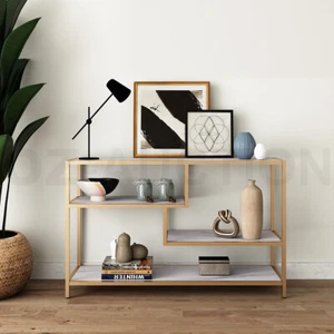 Gold Console Sofa Table End Entryway Hallway Small TV Stand Faux Marble 4 Tiers - Picture 1 of 9