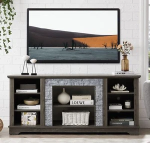 Mantel Stone TV Media Stand with with Faux Stacked Stone Surround, Modern Entert - Picture 1 of 9