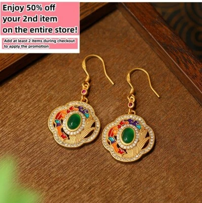 Pendientes colgantes de cristal esmaltado de jade verde flor boho enchapados en oro de 18 quilates Foto 1 de 4