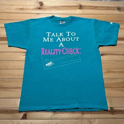 Camiseta De Colección Años 90 Talk About A Reality Check Gráfico Banco Promo Hecha en EE. UU. Grande Foto 1 de 4