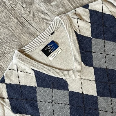 Vintage Callaway Golf Mens Merino Wool Sweater Large V Neck Argyle/Diamond Blue - Image 1 of 4