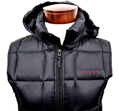 De Colección Años 90 POLO SPORT Ralph Lauren Para Mujer S Abajo Chaleco Puffer Azul Marino Capucha Guardable * Foto 1 de 4