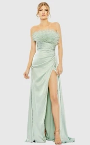 Mac Duggal 11690 Sz 14 Seafoam Blue Strapless Satin Feather Trim Long Gown $698 - Picture 1 of 9