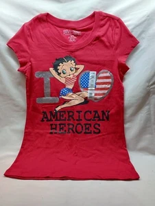 Women's Betty Boop I Love American Heroes Glitter Shirt Small 4/6 NEW - Picture 1 of 3