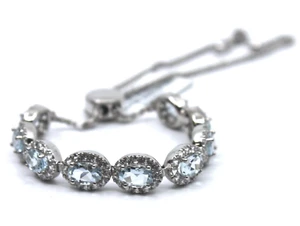 Aquamarine & White Topaz Tennis Bracelet Bolo Closer Sterling Silver - Picture 1 of 11