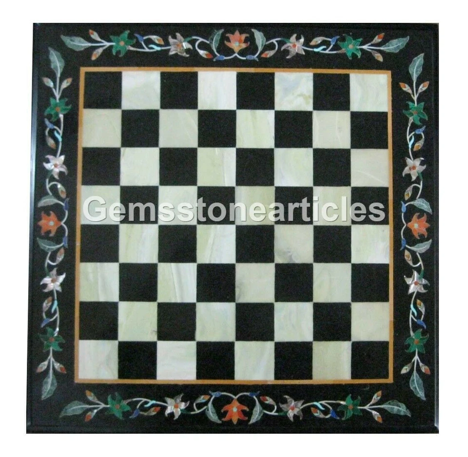 12" Black Marble Chess Coffee Top Table Gemstones Inlay Playroom Garden Decor - Image 1 of 1