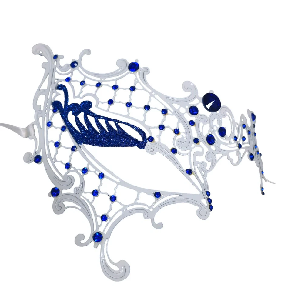 White Blue Crystal Glitter Lady Phantom Laser Masquerade Metal Filigree Mask - Image 1 of 2