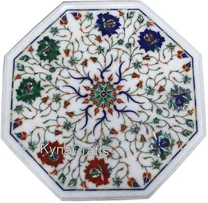 Pietra Dura Art Patio Side Table for Garden White Octagonal Marble Coffee Table - Picture 1 of 4