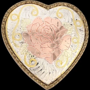 Heart Rose Floral Flower Cowgirl Girl Western Ladies Rodeo NOS Vtg Belt Buckle - Picture 1 of 3