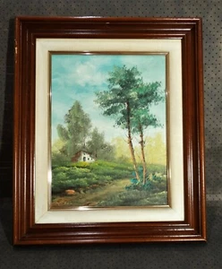 Cuadro de paisaje de una cabaña en el bosque, firmado por el autor - Imagen 1 de 4