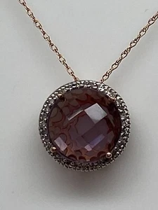 10K Rose Gold Round Amethyst and 0.13 ct twt Diamond Pendant with Chain New - Picture 1 of 10