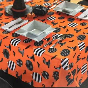 Cynthia Rowley Halloween Tablecloth Bats Witch Hat Pumpkin Orange Black 60x104" - Picture 1 of 7