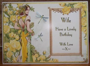 HANDMADE ART DECO PERSONALISED WIFE BIRTHDAY CARD SUMMER YELLOW ROSES LADY 2024 - Picture 1 of 4