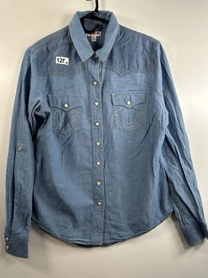Men’s True Religion Denim Chambray Pearl Snap Button Down Size Large 18.5x25.5 - Image 1 of 4
