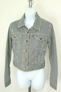 Levis Red Tab Women's Size M Blue Striped Denim Distressed Trucker Jean Jacket - Picture 1 of 10