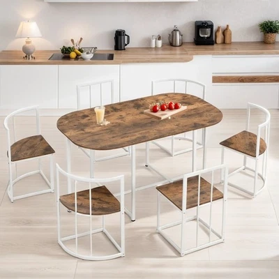 7-Piece Industrial Dining Table Set w/ 6 Stools  Space-Saving Kitchen &Breakfast - Image 1 of 4