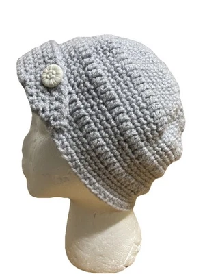 Hand Crochet Fashion BOHO Warm  Cap Beanie Blue Turn Up Front w/White Buttons OS - Image 1 of 4
