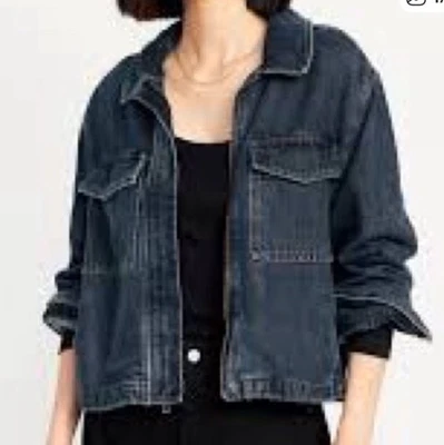 Old Navy Women XL TALL Denim Shacket Cropped Zip Dark Blue EUC Pockets Jacket - Image 1 of 4