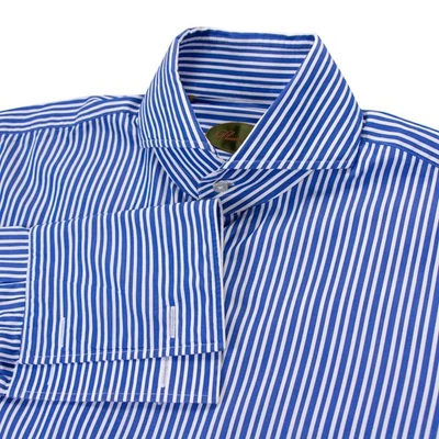Camisa de vestir Phineas Cole para hombre 15,5x35 azul a rayas cuello recortado puño francés Foto 1 de 4