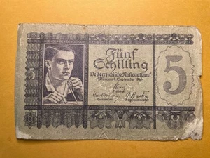 Austria 1945 5 Schilling Banknote WWII Era Austrian Currency Note Vintage - Picture 1 of 2