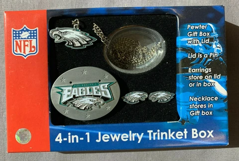 Philadelphia Eagles 4-in-1 Jewelry Trinket Box w/ Necklace and Earrings Lid Pin Cover