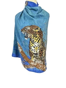 Blue Aqua 35” Square Scarf With Leopard Cheetah Animal On Limb By Codello - Picture 1 of 6