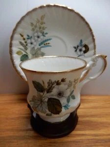 Rosina Tea Cup and Saucer - White, Grey, Teal Flowers and Leaves - Picture 1 of 7