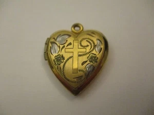 Vintage 14K Gold Filled Heart Locket Pendant Etched Cross Crucifix Flowers - Picture 1 of 5