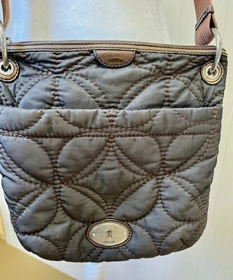 Fossil Key Fabric Quilted Crossbody Brown Sling bag Purse W/ Lock & Key Charm - Image 1 of 4