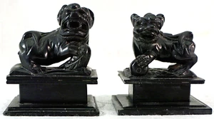 Pair Chinese Black Hard Stone Hand Sculpted Miniature Foo Dog Lion Figure Statue - Picture 1 of 10