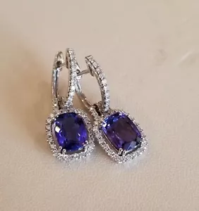 3Ct Cushion Cut Lab Created Tanzanite Drop Dangle Earrings 14K White Gold Plated - Picture 1 of 6