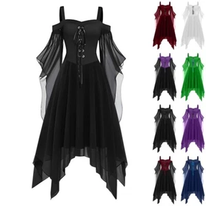 Women Gothic Dress Halloween Costume Off Shoulder Lace Sleeve Steampunk Dresses - Picture 1 of 17