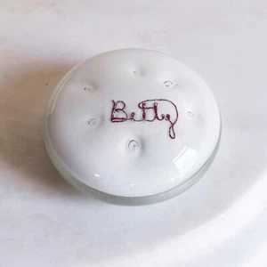 50s-60s Glass Dome Clear & White Paperweight w/ Bubbles & Cursive "Betty" Inside - Picture 1 of 12