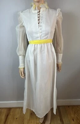VICTORIAN High Neck CHIFFON Vintage 1960s Empire Waist FORMAL DRESS GOWN Wedding - Image 1 of 4