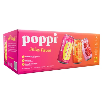 Poppi Prebiotic Soda, Juicy Faves, Variety Pack, 12 fl oz, 15-count - Image 1 of 2