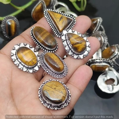 Целебный тигровый глаз разнообразные кольца лот ~ 925 пробы покрытием штабелируемые кольца - Изображение 1 из 4