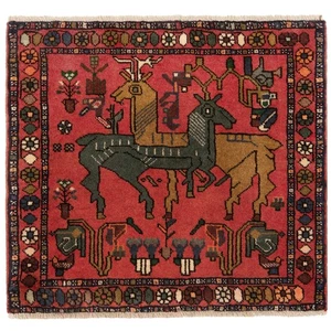 Hamedan 74x67 cm Handgeknüpfter Perserteppich Orient Wolle Carpet Rug Rot - Picture 1 of 7