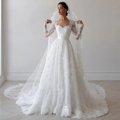 Lace Wedding Dress Sweetheart Long Sleeves Pearls Sweep Train A Line Bridal Gown - Image 1 of 4