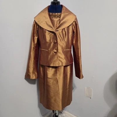 Lafayette 148 New York Gold Silk Taffeta Beaded Dress & Jacket Set Size 10 - Image 1 of 4