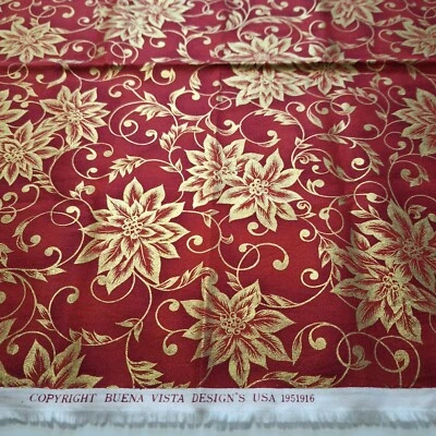 Red Gold Toile Poinsettia Vines Buena Vista Design Cotton Fabric 39" L x 44" W - Image 1 of 4