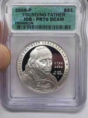2006 FRANKLIN FOUNDING FATHER ICG PR70 90% Silver Commemorative Proof Dollar - Image 1 of 4