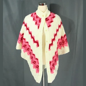 Vintage Pink White Zig Zag Soft Knit Button Front Poncho Cape Shawl Sweater 60s - Picture 1 of 7
