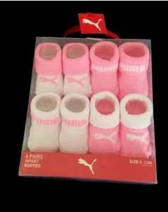 Puma Infant 4 Pairs Pack Pink White Knit Logo Graphic Cuffed Socks Booties 0-12M - Picture 1 of 3