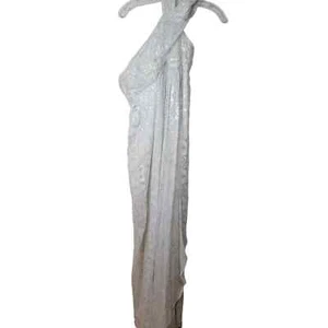 Nicole Miller Silk One Shoulder Dress Maxi 10 Long Foil Silver White Gown - Picture 1 of 12