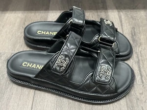 $1.7K CHANEL CC LOGO BLACK CAVIAR LEATHER DAD SANDALS FLATS SHOES SIZE 37 NEW - Picture 1 of 15