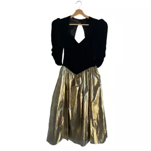 Gunne Sax V-Neck Black Gold Metallic Dress - Picture 1 of 5