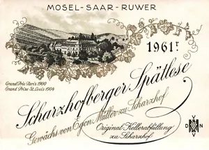 Deutsches Weinetikett 60er 1961er Mosel Saar Ruwer Scharzhofberger Hauptpreis Vintage - Bild 1 von 2