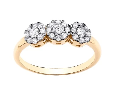 9ct Yellow Gold on Silver Simulated Diamond Cluster Trilogy Ring size J to U - Image 1 of 4