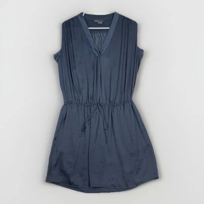 Vince Washed Satin Dress Shirred Shoulder V Neck Waist Drawstring Pockets Small - Image 1 of 4