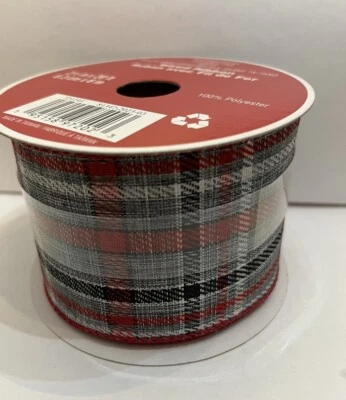 2 1/2” x  20Ft Wired Edge Ribbon. Grey Red Black White PLAID. Christmas Party - Image 1 of 4